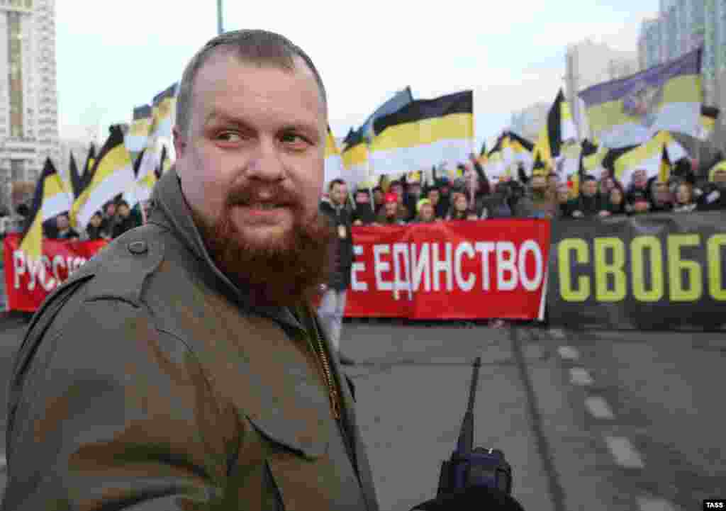 Russian nationalist leader Dmitry Demushkin takes part in the&nbsp;Russian March. 