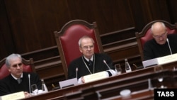 Judges of the Constitutional Court at a hearing on the death penalty in St. Petersburg today.