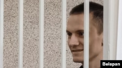 Mikalay Dzyadok appears in a Minsk court in June.