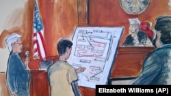 In this courtroom sketch Judge Richard Berman, second from right, and prosecuting Assistant U.S. Attorney Sidhardha Kamarju, far right, listen as Reza Zarrab, second from left, shows how his scheme worked.