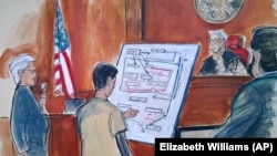 In this courtroom sketch Judge Richard Berman, second from right, and prosecuting Assistant U.S. Attorney Sidhardha Kamarju, far right, listen as Turkish-Iranian gold trader Reza Zarrab, second from left, with the aide of an unidentified interpreter, far left, describe a scheme using a diagram he drew, outlining how he helped Iran evade U.S. economic sanctions on November 29.