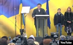 Former Georgian President Mikheil Saakashvili addresses a crowd in Kyiv on November 27 at a rally in support of his new political movement in Ukraine.