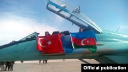 Turkey - Turkish and Azerbaijani flags displayed during joint exercises held by the air forces of the two countries near Konya, 3Ma32015.