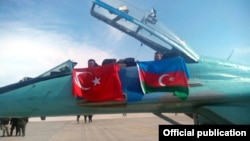 Turkey - Turkish and Azerbaijani flags displayed during joint exercises held by the air forces of the two countries near Konya, 3Ma32015.