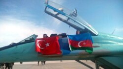 Turkey - Turkish and Azerbaijani flags displayed during joint exercises held by the air forces of the two countries near Konya, 3Ma32015.