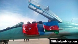 Turkey - Turkish and Azerbaijani flags displayed during joint exercises held by the air forces of the two countries near Konya, 3Ma32015.