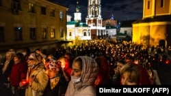 Worshippers attend an Orthodox Easter service in the Vysoko-Petrovsky Monastery in Moscow on May 2.