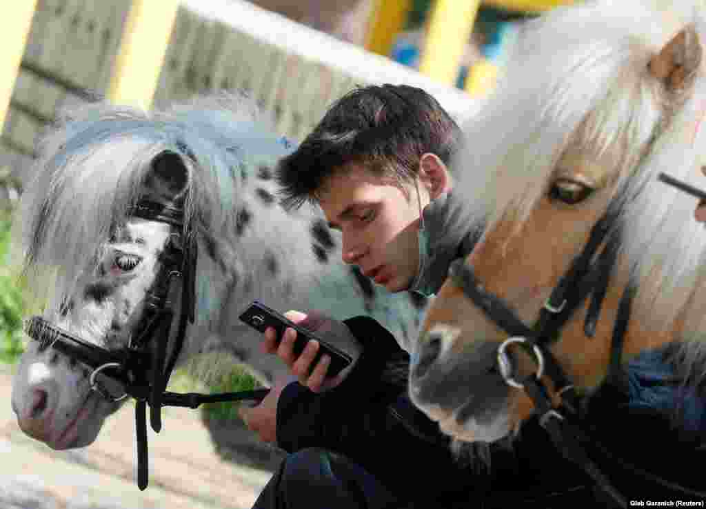 Мужчина ждет детей, желающих покататься на пони в парке в центре Киева, Украина