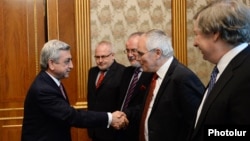 Armenia - President Serzh Sarkisian (L) greets the visiting co-chairs of the OSCE Minsk Group, Yerevan, 16May2014.