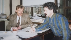 Ігар Гермянчук і Сяргей Астраўцоў у рэдакцыі „Свабоды“ на Іванаўскай, 1997
