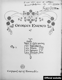 Pagina de titlu a uneia din partiturile dăruite de Enescu lui Fernand Halphen în cursul vizitei la Ville-d'Avray (Foto: IEMJ, Paris)