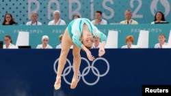 Romania's Ana Barbosu competes in the artistic gymnastics floor exercise final at the Bercy Arena in Paris on August 5.