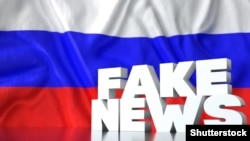 GENERIC – 3d render, fake news lettering in front of Realistic Wavy Flag of Russia