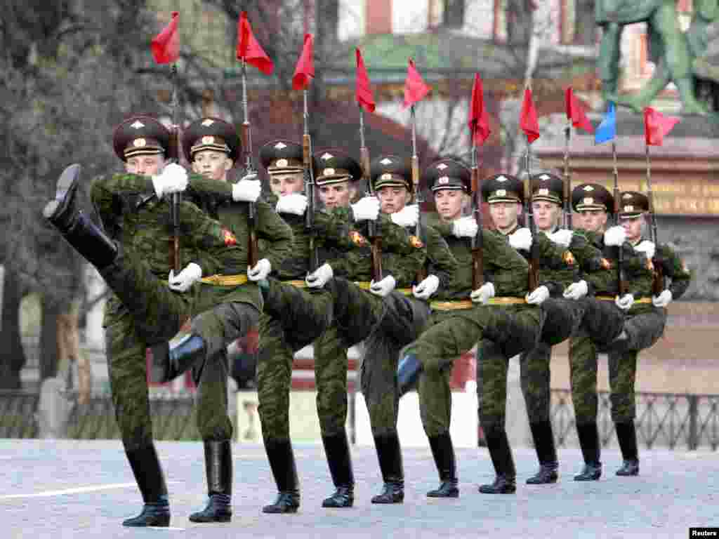 Russian soldiers practice marching during a rehearsal for the Victory Day parade on Red Square in Moscow. Photo by Sergei Karpukhin for Reuters.