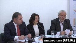 Armenia -- Parliament deputies Hovannes Sahakian (L) and Aram Manukian (R) at a press conference on the new Electoral Code. 20April, 2016