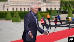 European Union foreign policy chief Josep Borrell speaks with the media as he arrives for the European Political Community Summit at the Mimi Castle in Bulboaca, Moldova, on June 1.