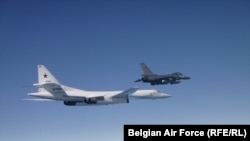 A Belgian Air Force F-16 fighter jet intercepts a Russian supersonic strategic bomber Tu-160 over Baltic Sea in 2019.