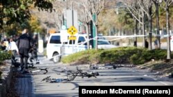 Crushed bicycles lie strewn along a bike path in lower Manhattan after what authorities are calling a "terror attack" on October 31. 