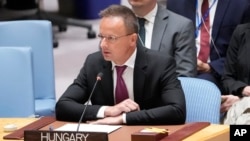 Foreign Minister Peter Szijjarto, pictured addressing the UN in July, says Hungary wants "guarantees" from Kyiv that Hungarian firms won't be blacklisted.