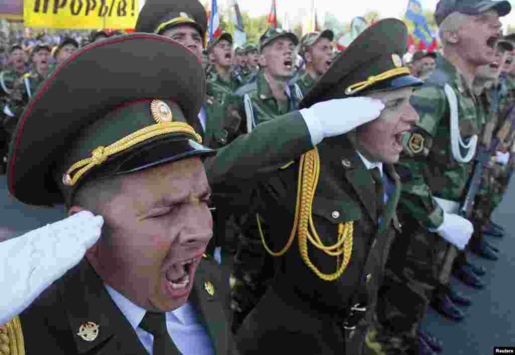 Soldiers of the breakaway Moldovan territory of Transdniester take part in a military parade during Independence Day celebrations in Tiraspol on September 2. (Reuters/Gleb Garanich)