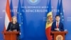 Ministrul de externe Mihai Popșoi la conferința de presă cu colega lui din Austria, Beate Meinl-Reisinger, joi, la Chișinău.