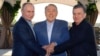 Russian President Vladimir Putin, former Kazakh President Nursultan Nazarbaev, and Uzbek President Shavkat Mirziyoev shake hands in 2018.