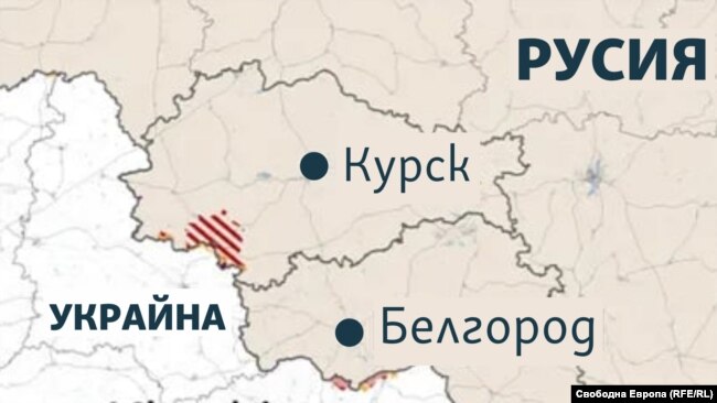 Карта на Курска и Белгородска област. В червено и жълто са украинските войници на територията на Русия.