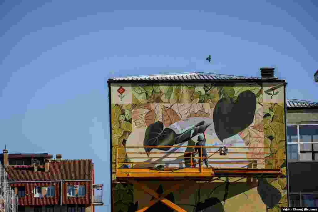 Artisti italian, Fabio Petani, duke pikturuar muralin e tij, më 19 shtator.