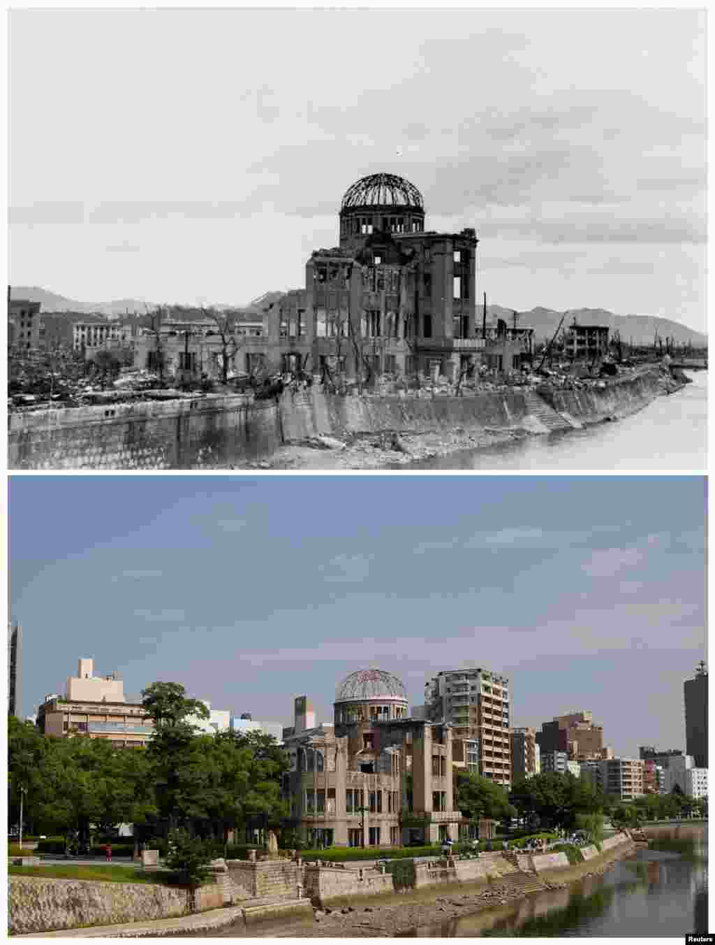  Un colaj foto arată sala de promovare industrială prefecturală Hiroshima (C), care este numită în prezent Cupola bombei atomice sau Cupola bombei A, după bombardamentul atomic din Hiroshima din 6 august 1945. 