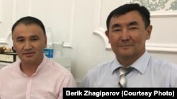 Председатель профсоюза «Кәсіпқорған» товарищества «Корпорация Казахмыс» Тогузбай Тажбенов (справа) и руководитель Содружества профсоюзов «Аманат» по жезказганскому региону Берик Жагипаров.