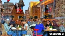 SERBIA -- The window of a cafe bar full of people in the central area of ​​Belgrade