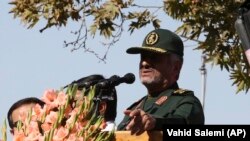 Iran's Revolutionary Guard commander Mohammad Ali Jafari speaks during a rally in front of the former U.S. Embassy in Tehran, Iran, on Sunday, Nov. 4, 2018.