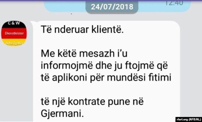 Mesazhi i dërguar nga agjencia e punësimit