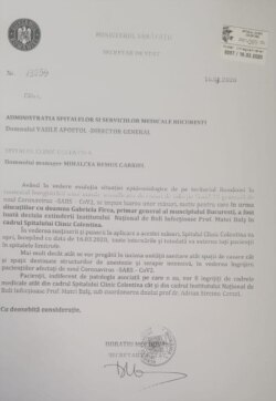 Documentul transmis Spitalului Colentina de către Ministerul Sănătății