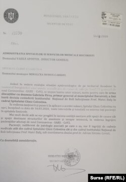 Documentul transmis Spitalului Colentina de către Ministerul Sănătății