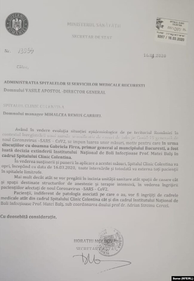 Documentul transmis Spitalului Colentina de către Ministerul Sănătății