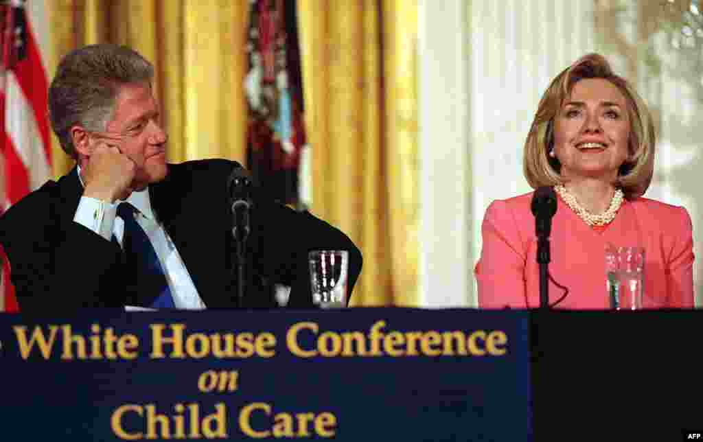 Hillary Clinton speaks at a White House conference on child care. She used her role as first lady to push for health care and public policy reform.