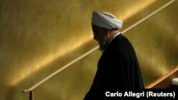 Iranian President Hassan Rohani departs after speaking at the Nelson Mandela Peace Summit during the 73rd United Nations General Assembly in New York, September 24, 2018