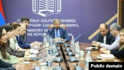 Armenia - Economy Minister Gevorg Papoyan meets representatives of major Armenian agribusiness firms, Yerevan, May 29, 2026.