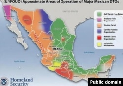 Карта Мексики с приблизительным обозначением зон влияния крупнейших наркокартелей