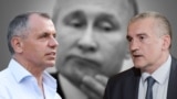 Володимир Костянтинов та Сергій Аксьонов на тлі Володимира Путіна. Колаж