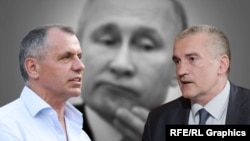Володимир Константинов (ліворуч) і Сергій Аксьонов на тлі Путіна