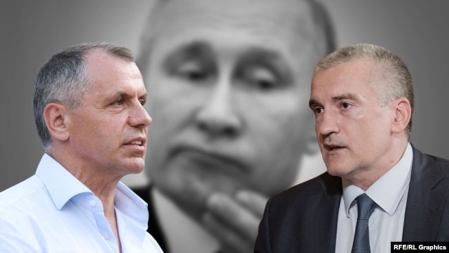 Володимир Константинов (ліворуч) і Сергій Аксьонов на тлі Путіна