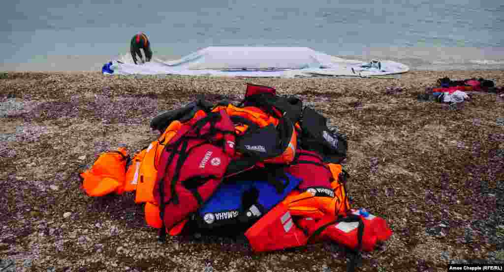 The "disposable boats" are destroyed on arrival. Life jackets, many of which are counterfeit, also pile up on the beaches.