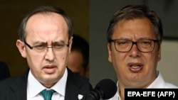  Kosovo Prime Minister Avdullah Hoti (left) and Serbian President Aleksandar Vucic (file photo)