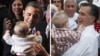 Вирджиния мен Охайо штаттарында кішкентай бала көтеріп тұрған Барак Обама (сол жақта) мен Митт Ромни. 2012 жыл