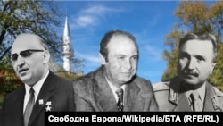 От ляво надясно: едноличният диктатор Тодор Живков, министърът на вътрешните работи Димитър Стоянов и министърът на отбраната Добри Джуров на фона на джамия. Колаж.