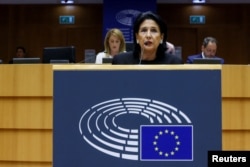 Zurabishvili speaks during the plenary session at European Parliament in Brussels on May 31.