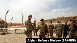Një ushtar amerikan dhe një ushtar afgan shtrëngojnë duart gjatë një ceremonie të dorëzimit të detyrave në provincën Helmand, më 2 maj.