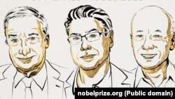 Ilustrația oficială pentru câștigătorii premiului Nobel pentru Științe Economice 2025. Joel Mokyr, Philippe Aghion și Peter Howitt.